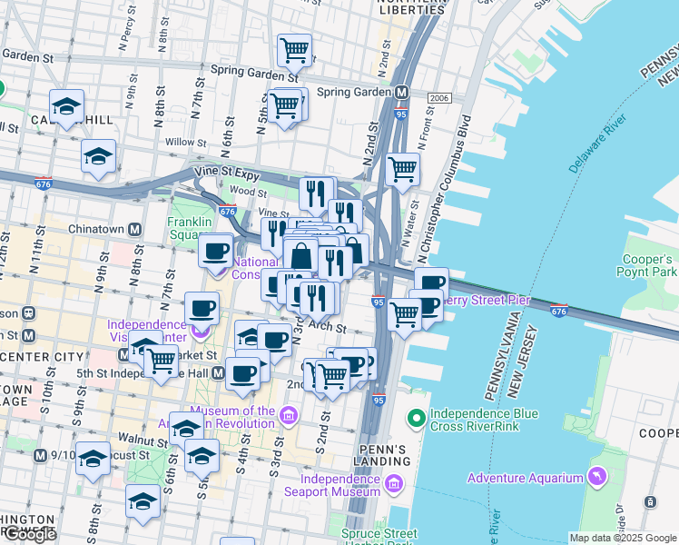 map of restaurants, bars, coffee shops, grocery stores, and more near 203 Race Street in Philadelphia