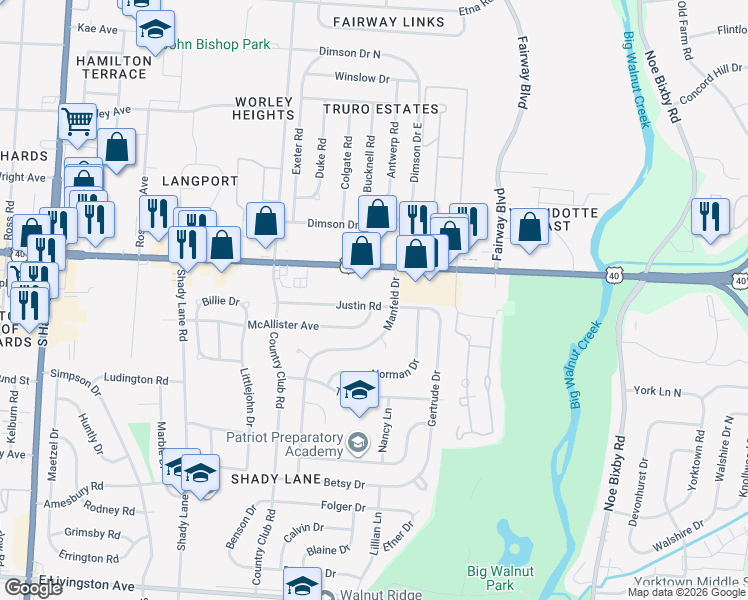 map of restaurants, bars, coffee shops, grocery stores, and more near 5030 Justin Road in Columbus