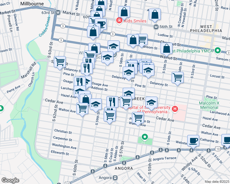 map of restaurants, bars, coffee shops, grocery stores, and more near 5802 Addison Street in Philadelphia