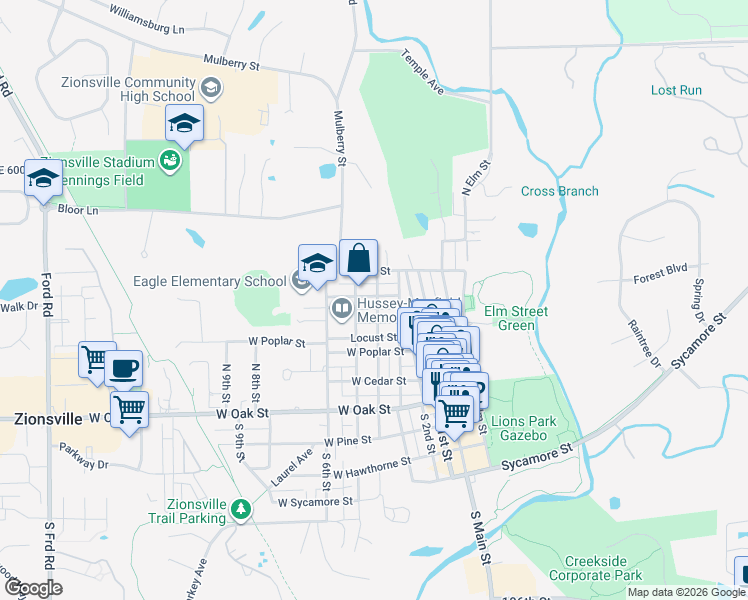 map of restaurants, bars, coffee shops, grocery stores, and more near 290 North 4th Street in Zionsville