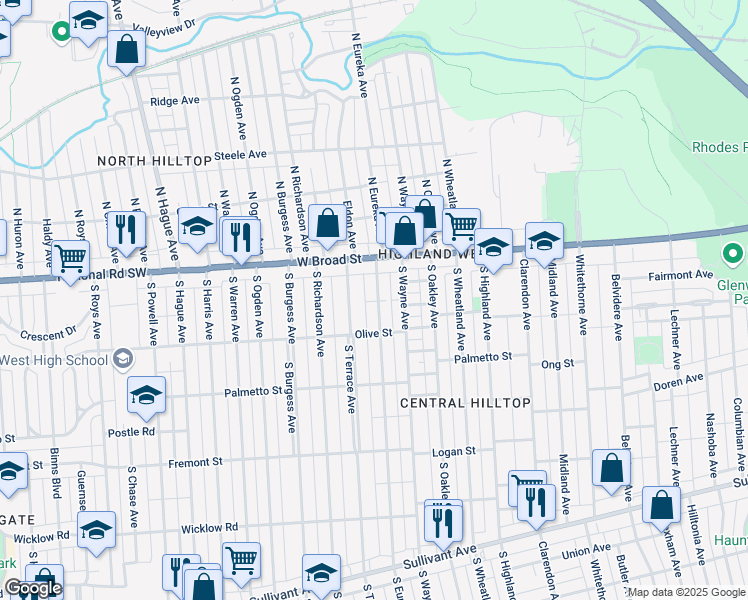 map of restaurants, bars, coffee shops, grocery stores, and more near 61 South Eureka Avenue in Columbus