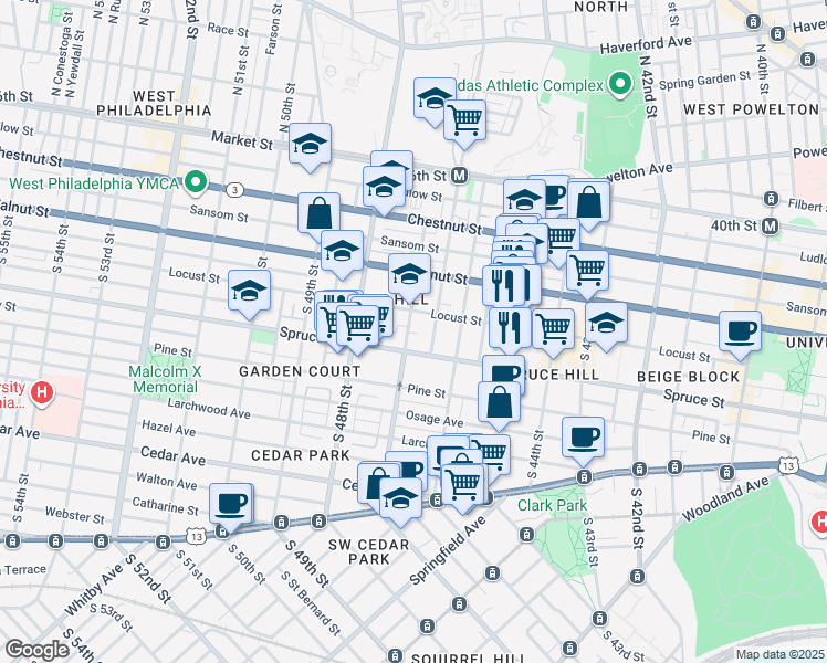 map of restaurants, bars, coffee shops, grocery stores, and more near 243 South 47th Street in Philadelphia