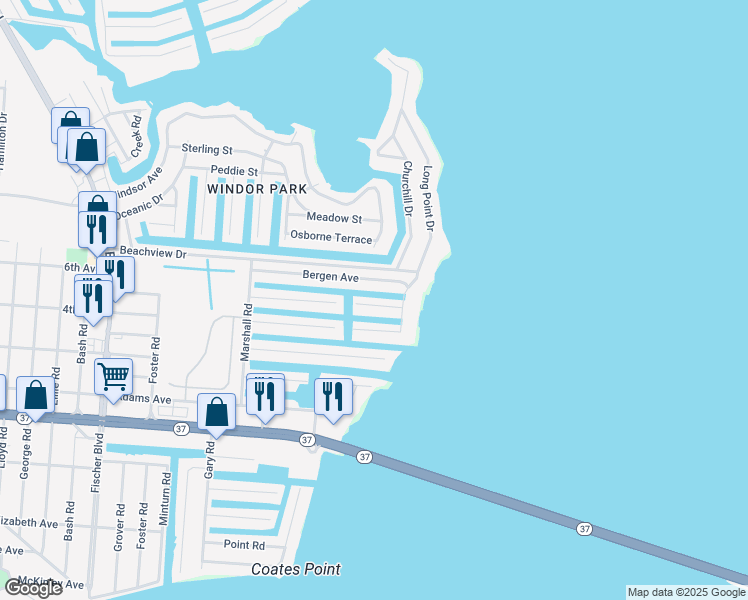 map of restaurants, bars, coffee shops, grocery stores, and more near 3462 East Thistle Avenue in Toms River