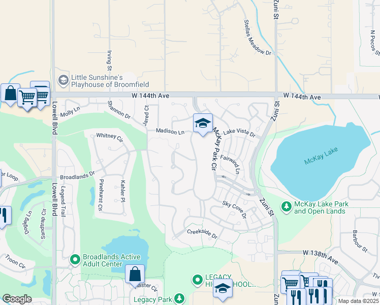 map of restaurants, bars, coffee shops, grocery stores, and more near 14009 McKay Park Circle in Broomfield
