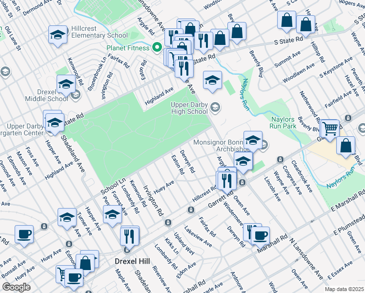map of restaurants, bars, coffee shops, grocery stores, and more near 531 Derwyn Road in Drexel Hill