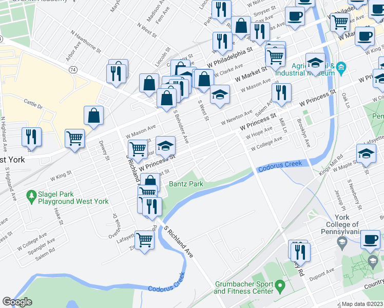 map of restaurants, bars, coffee shops, grocery stores, and more near 245 South Belvidere Avenue in York