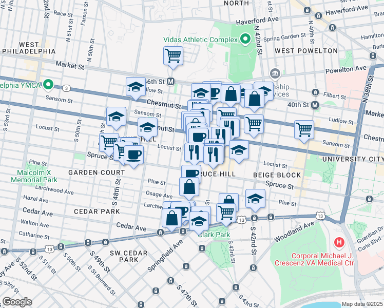 map of restaurants, bars, coffee shops, grocery stores, and more near 236 South 45th Street in Philadelphia