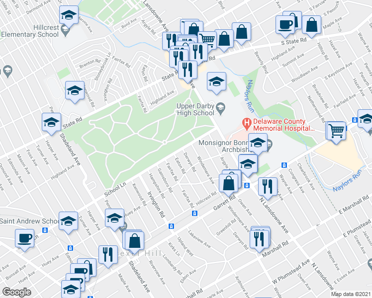 map of restaurants, bars, coffee shops, grocery stores, and more near 531 Derwyn Road in Drexel Hill