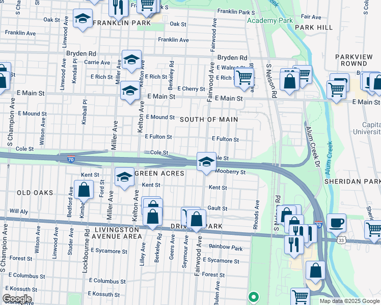 map of restaurants, bars, coffee shops, grocery stores, and more near 640 Seymour Avenue in Columbus