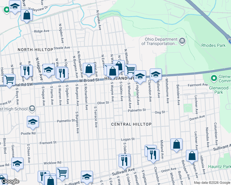 map of restaurants, bars, coffee shops, grocery stores, and more near 2386 Louden Avenue in Columbus