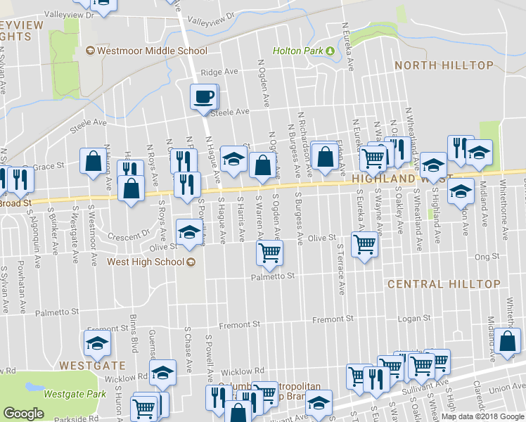 map of restaurants, bars, coffee shops, grocery stores, and more near 50 South Warren Avenue in Columbus