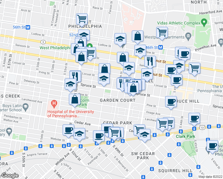 map of restaurants, bars, coffee shops, grocery stores, and more near S St Bernard St in Philadelphia