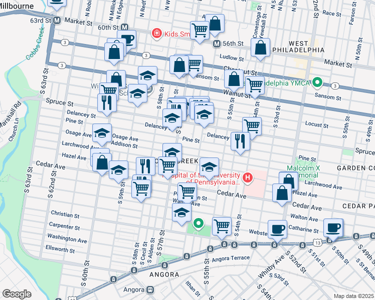 map of restaurants, bars, coffee shops, grocery stores, and more near 5632 Osage Avenue in Philadelphia