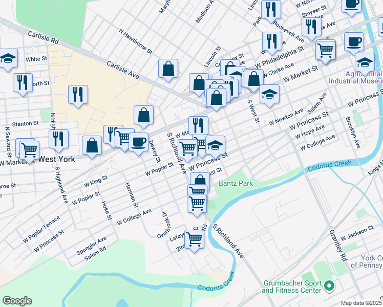 map of restaurants, bars, coffee shops, grocery stores, and more near 921 West Poplar Street in York