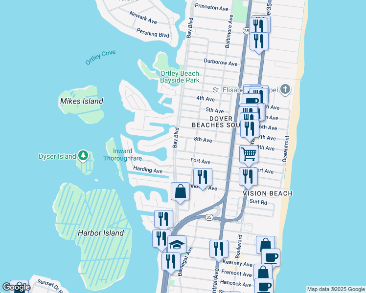map of restaurants, bars, coffee shops, grocery stores, and more near 1821 Richmond Avenue in Seaside Heights