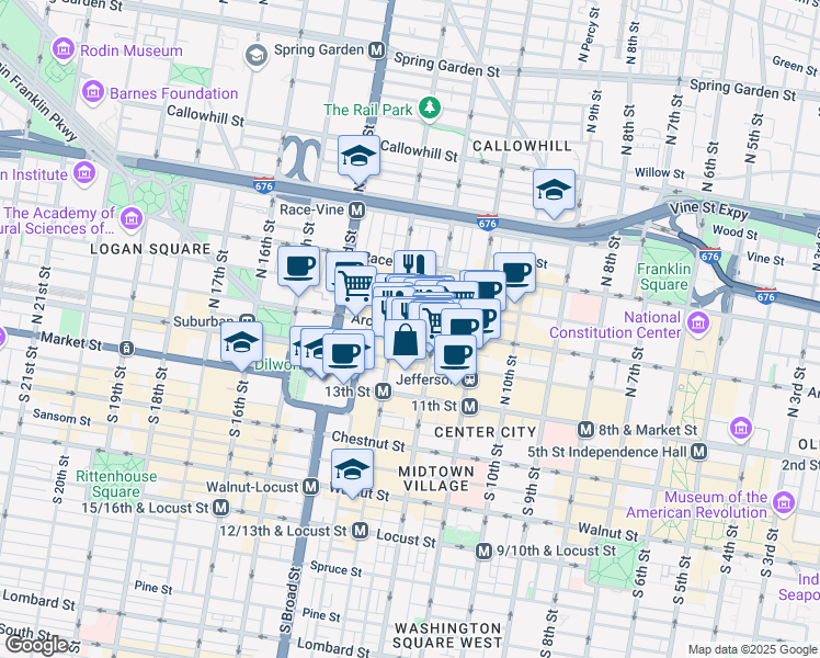 map of restaurants, bars, coffee shops, grocery stores, and more near 1218 Arch Street in Philadelphia