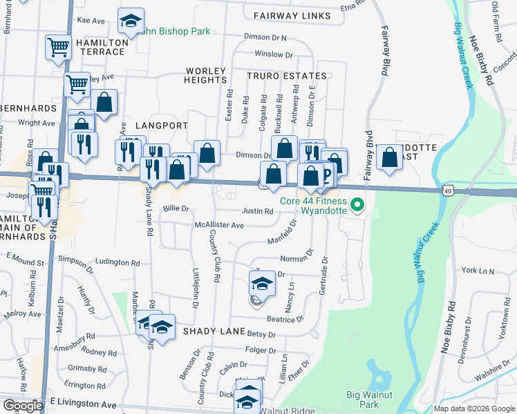 map of restaurants, bars, coffee shops, grocery stores, and more near 4974 Justin Road in Columbus