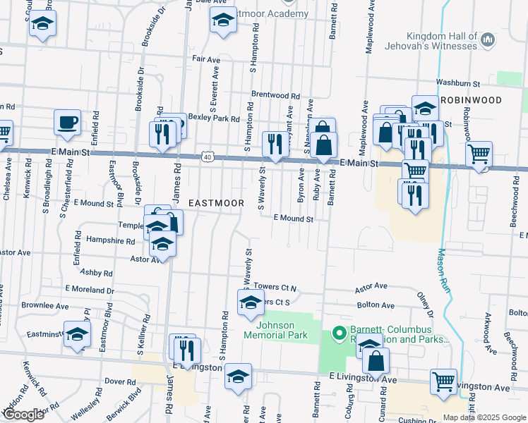 map of restaurants, bars, coffee shops, grocery stores, and more near 870 S Waverly St in Columbus