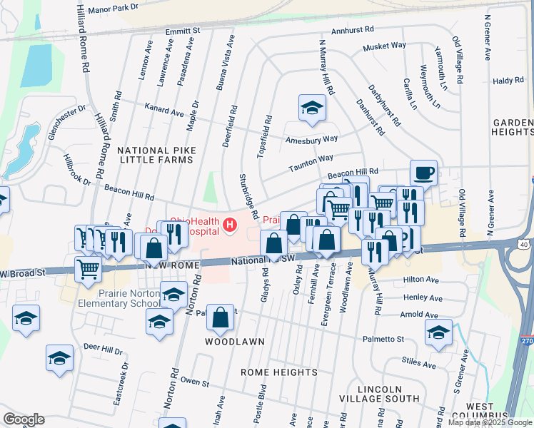 map of restaurants, bars, coffee shops, grocery stores, and more near 5026 Eastham Way in Columbus