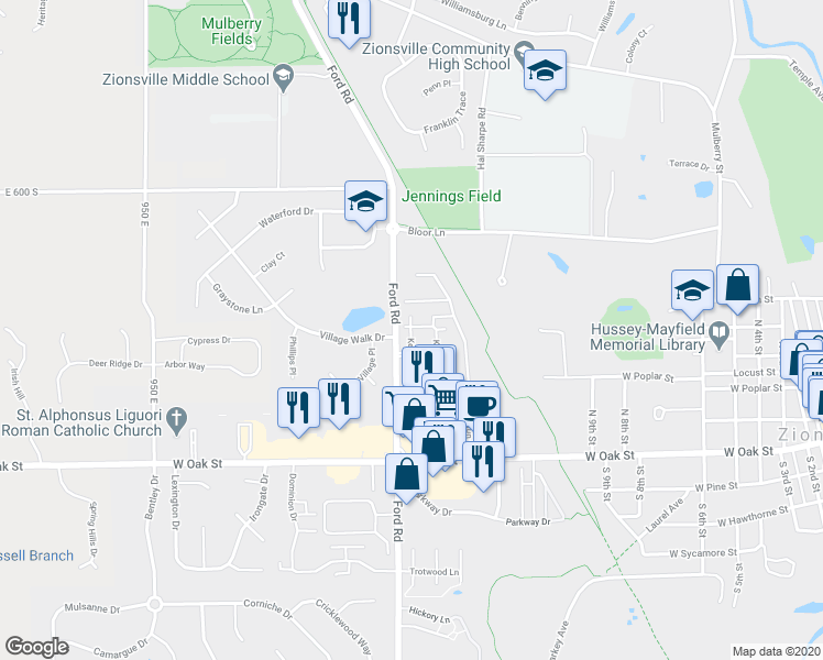 map of restaurants, bars, coffee shops, grocery stores, and more near 115 Kevin Drive in Zionsville