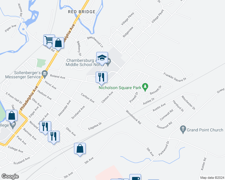 map of restaurants, bars, coffee shops, grocery stores, and more near 1913 Clinton Avenue in Chambersburg