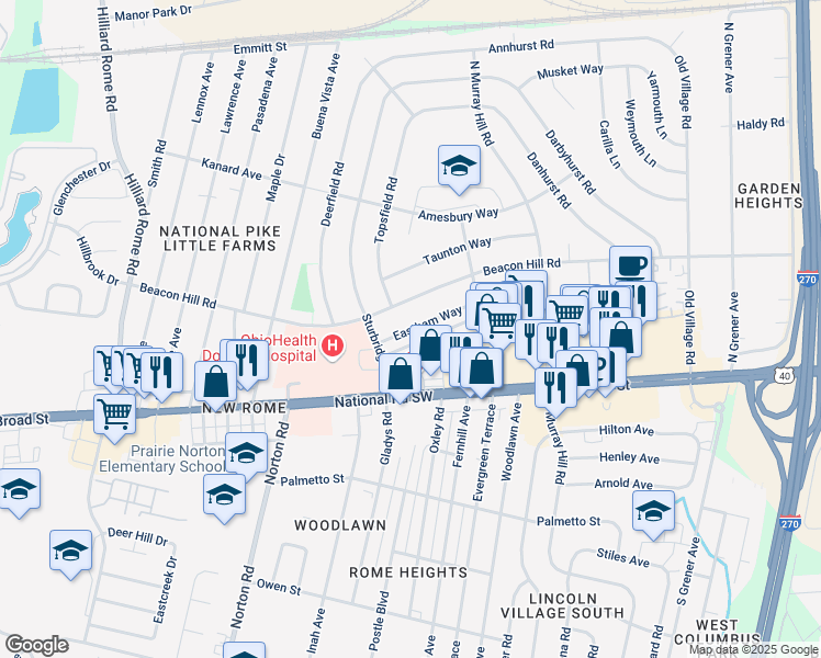 map of restaurants, bars, coffee shops, grocery stores, and more near 4968 Eastham Way in Columbus