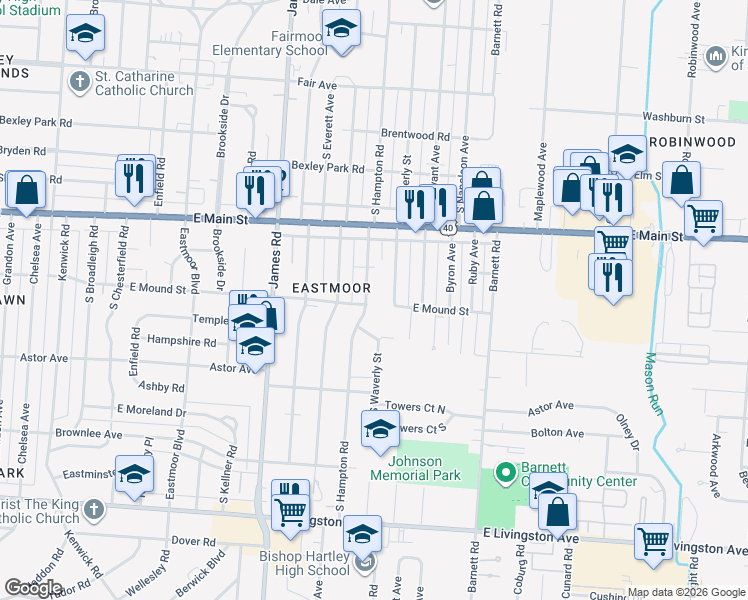 map of restaurants, bars, coffee shops, grocery stores, and more near 864 S Hampton Rd in Columbus
