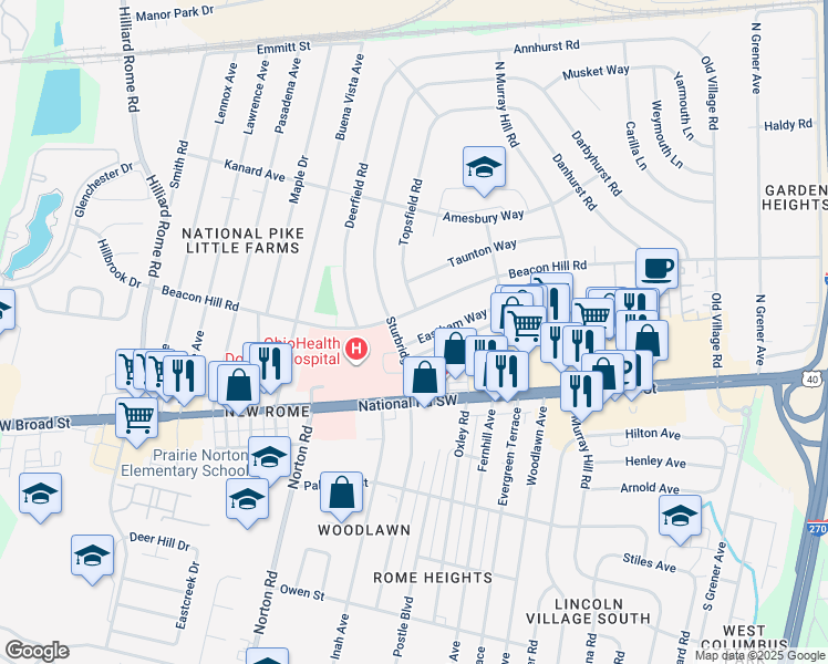 map of restaurants, bars, coffee shops, grocery stores, and more near 5026 Eastham Way in Columbus