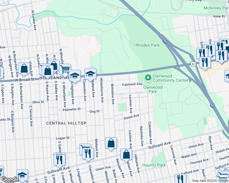 map of restaurants, bars, coffee shops, grocery stores, and more near 88 Belvidere Avenue in Columbus
