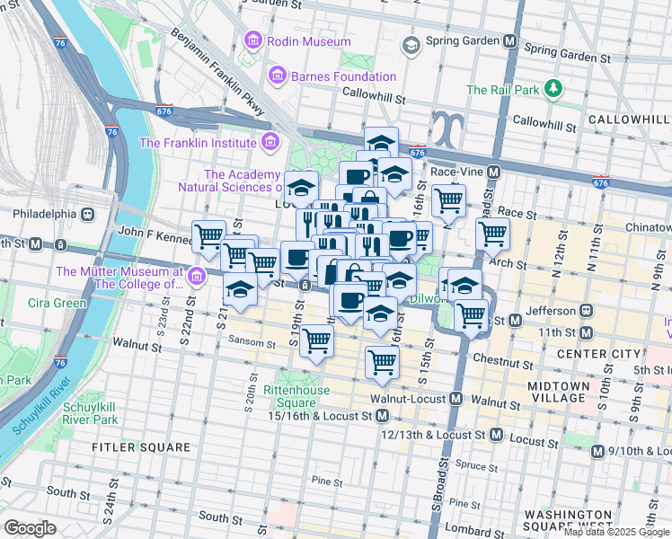 map of restaurants, bars, coffee shops, grocery stores, and more near 1800 John F Kennedy Boulevard in Philadelphia
