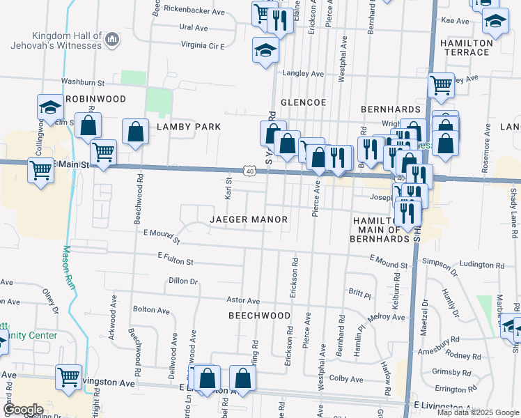map of restaurants, bars, coffee shops, grocery stores, and more near 985 South Yearling Road in Columbus
