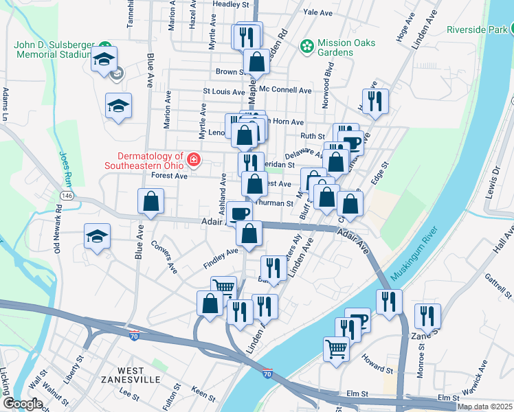 map of restaurants, bars, coffee shops, grocery stores, and more near 526 Thurman Street in Zanesville