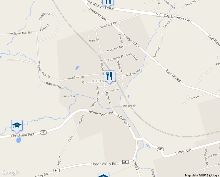 map of restaurants, bars, coffee shops, grocery stores, and more near 14 Gay St in Christiana