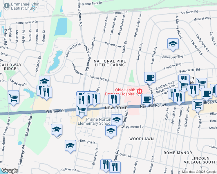 map of restaurants, bars, coffee shops, grocery stores, and more near 109 Maple Drive in Columbus