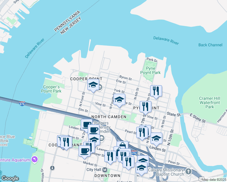 map of restaurants, bars, coffee shops, grocery stores, and more near 837 North Fourth Street in Camden
