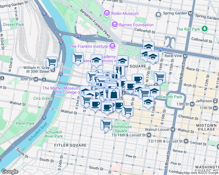 map of restaurants, bars, coffee shops, grocery stores, and more near 2001 Market Street in Philadelphia