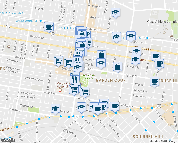 map of restaurants, bars, coffee shops, grocery stores, and more near 306 South 51st Street in Philadelphia