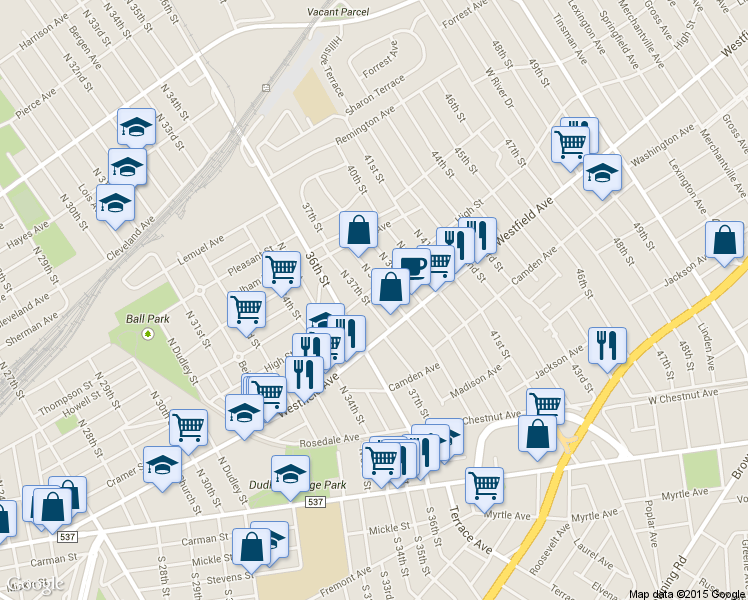 map of restaurants, bars, coffee shops, grocery stores, and more near 332 North 37th Street in Pennsauken Township