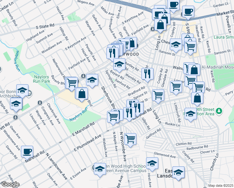 map of restaurants, bars, coffee shops, grocery stores, and more near 224 Springton Road in Delaware County