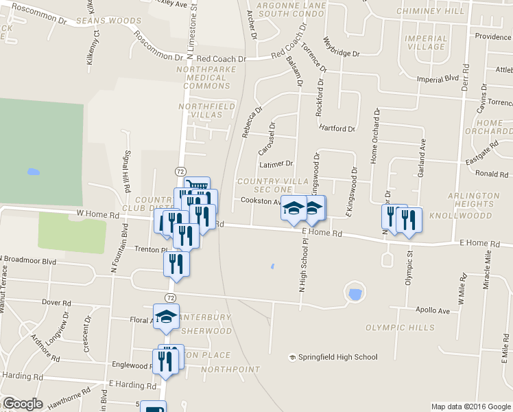 map of restaurants, bars, coffee shops, grocery stores, and more near 2332 Lilac Drive in Springfield