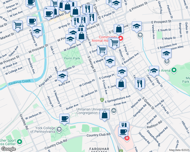 map of restaurants, bars, coffee shops, grocery stores, and more near 620 Interstate 83 Business in York
