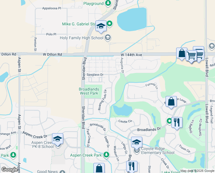 map of restaurants, bars, coffee shops, grocery stores, and more near 14023 Roaring Fork Circle in Broomfield