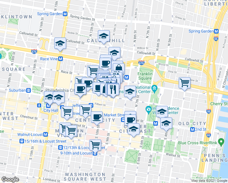 map of restaurants, bars, coffee shops, grocery stores, and more near 117 North 9th Street in Philadelphia