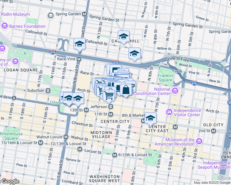 map of restaurants, bars, coffee shops, grocery stores, and more near 1027 Arch Street in Philadelphia