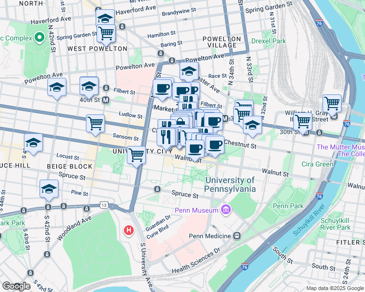 map of restaurants, bars, coffee shops, grocery stores, and more near 113 South 36th Street in Philadelphia