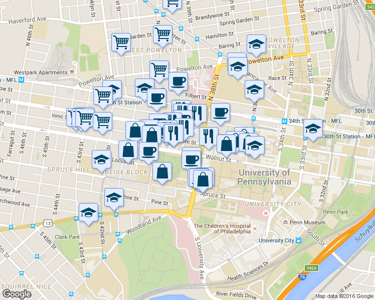 map of restaurants, bars, coffee shops, grocery stores, and more near 3805-7 Walnut Street in Philadelphia