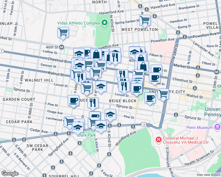map of restaurants, bars, coffee shops, grocery stores, and more near 206 South 42nd Street in Philadelphia