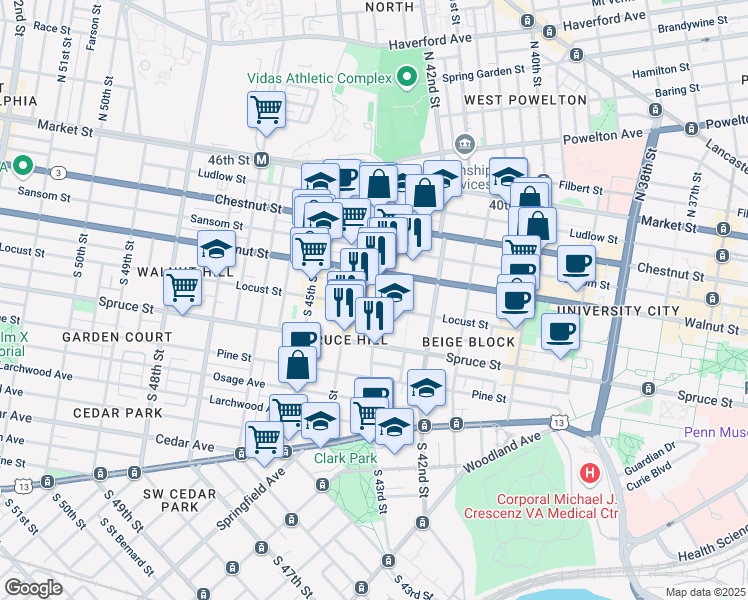 map of restaurants, bars, coffee shops, grocery stores, and more near in Philadelphia