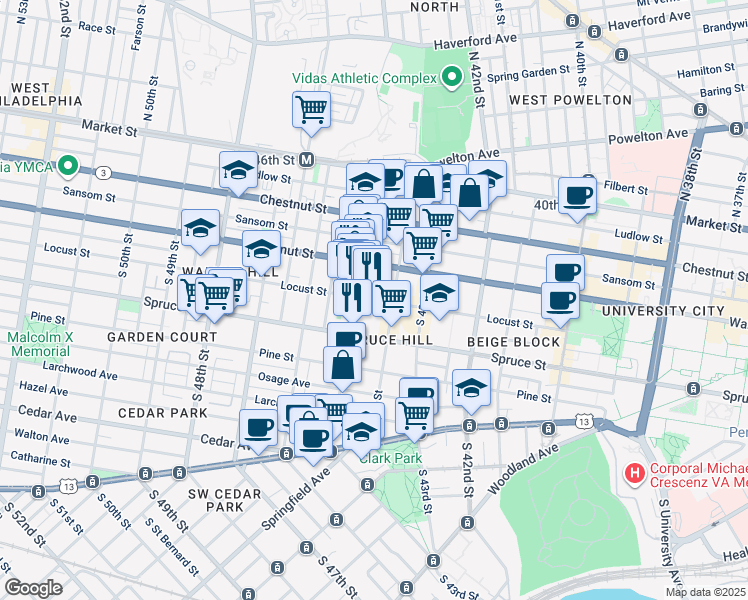 map of restaurants, bars, coffee shops, grocery stores, and more near 4426 Locust Street in Philadelphia