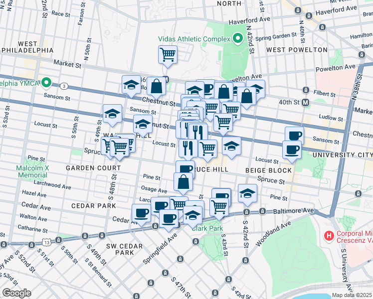 map of restaurants, bars, coffee shops, grocery stores, and more near 4426 Locust Street in Philadelphia